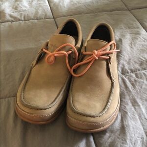 Chaco Women's Tan Boat Shoes with Orange Laces